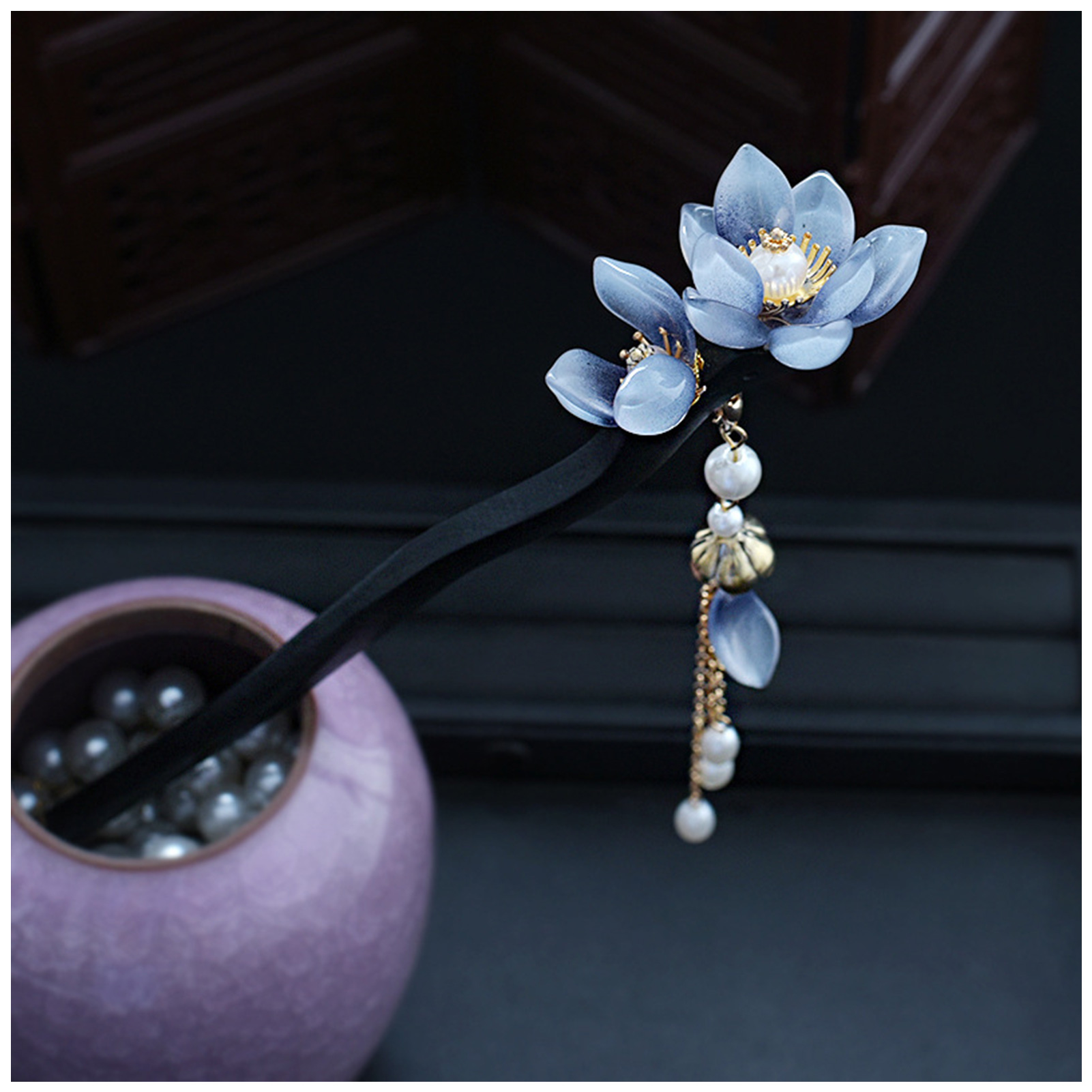 Hair Care Ingredients - Blue Flower Hair Stick Vintage Pearl